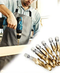 Man using 6-Piece High-Speed Drill Tap Set For Metric Threads M3 Through M10 with visible drill taps on side