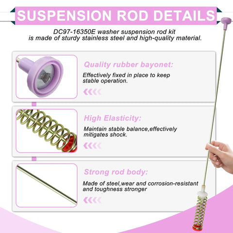 Samsung washer suspension rod kit; stainless steel rod with purple rubber bayonet and coil spring.