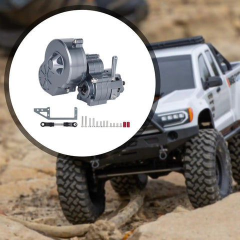 Aluminum Alloy RC Transmission Gearbox Kit for 1:10 Scale Crawlers with mounting hardware on a rugged terrain background