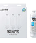 Box and one Genuine Refrigerator Water Filter Pack Of 3 Carbon Block Filters HAF-QIN-3P with visible product label and details.