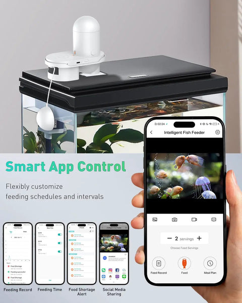 No Sweat Wifi Automatic Fish Feeder Wall Mount Auto Dispenser For 20 Plus Gallon Aquariums USB powered with app control on a tank.
