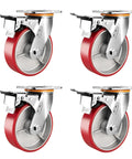 Heavy Duty Swivel Casters Set Of Four With 8 Inch Polyurethane Wheels And Secure Locking Brakes, showing four red polyurethane wheels.