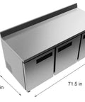 Heavy-Duty 72 Inch Commercial Refrigerator Featuring Three Door Stainless Steel Worktop Design With Reinforced Backsplash And Top Shelf 16.9 Cubic Feet dimensions from above, showing stainless steel surface.
