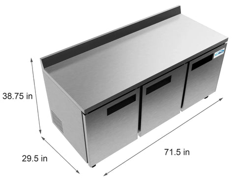 Heavy-Duty 72 Inch Commercial Refrigerator Featuring Three Door Stainless Steel Worktop Design With Reinforced Backsplash And Top Shelf 16.9 Cubic Feet dimensions from above, showing stainless steel surface.