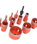 Top Tier Hole Saw Kit With 11 Sizes For Tile Marble And Stone featuring M14 Hex Shank, Built To Drill Clean Blazes Through Granite Ceramic Floor Tiles Like A Boss. Orange diamond hole saw set with M14 hex shank, 11 sizes for tile and stone