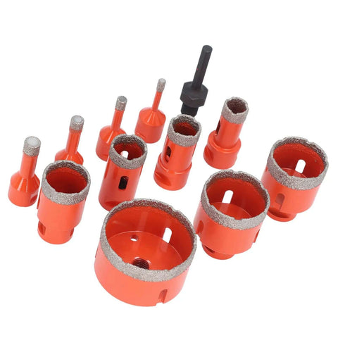 Top Tier Hole Saw Kit With 11 Sizes For Tile Marble And Stone featuring M14 Hex Shank, Built To Drill Clean Blazes Through Granite Ceramic Floor Tiles Like A Boss. Orange diamond hole saw set with M14 hex shank, 11 sizes for tile and stone