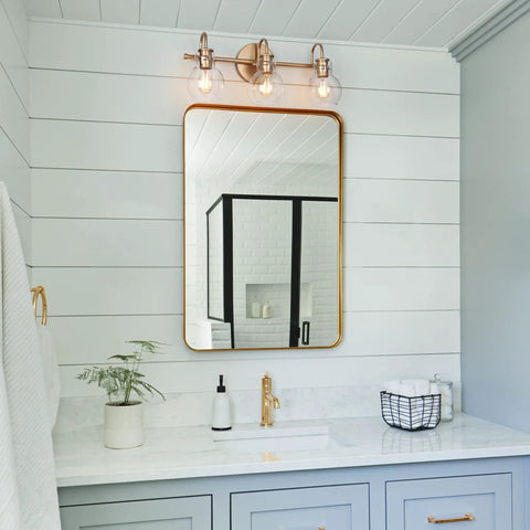 Over Mirror Gold Bathroom Light Fixture With Three Clear Glass Globe Shades Modern Minimalist Vanity Lighting 22in x 7in x 9in