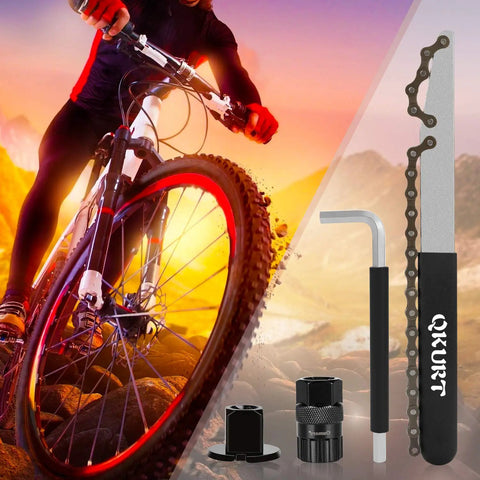 Chain Whip Tool Kit For Bicycle Cassette Removal Tool And Auxiliary Wrench Sprocket Remover Lockring Tool With Pin Black next to cyclist