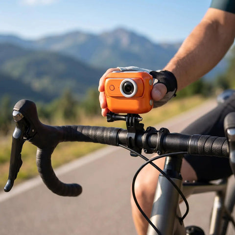 Cyclist holding 4K Magnetic Action Camera With 48MP Sensor Dual Battery System 2.0 Inch Flip Touch Screen EIS Stabilization on handlebar