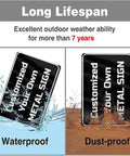 Image showing signs submerged in water and dust demonstrating waterproof and dustproof features with text 'Customized Your Own Metal Sign'.