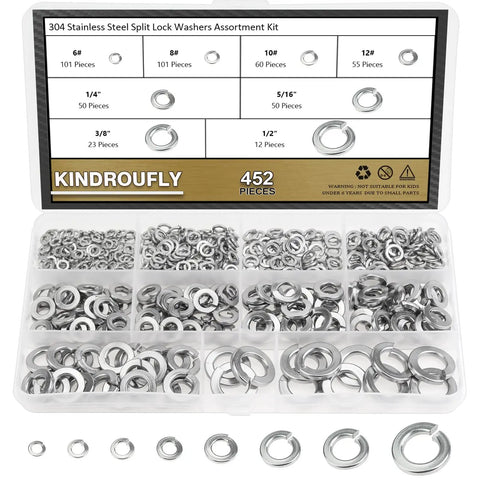 Rock Solid 304 Stainless Steel Lock Washers And Split Spring Washer Assortment Kit Featuring Eight Pro Sizes Built Tough For Everyday Garage Tasks And Heavy Duty Fixes Including A Sturdy 452 Piece Set