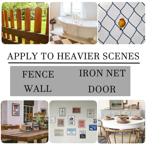 Collage showing various heavy-duty use cases for custom 3x12 inch metal sign, including fences and indoors, demonstrating versatility.