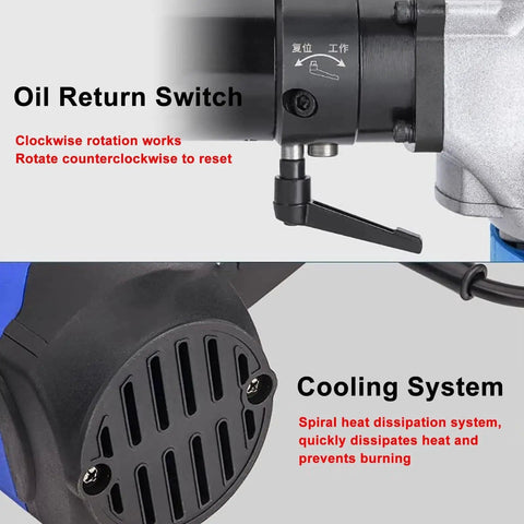 Close-up of the oil return switch and cooling system on the Heavy Duty 2200W Electric Hydraulic Crimper for optimal performance.