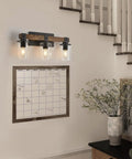 Farmhouse Vanity Light Fixture 3-Light Wall Sconce For Bathroom Over Mirror With Clear Glass Shades, Rustic Vintage Wood And Black Matte Metal Design, Antique Wood Finish, Farmhouse Chic Lighting For That Cozy Vibe above wall calendar