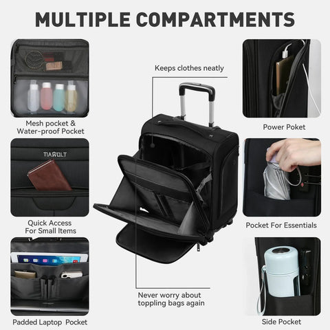 TIAWOLT 16-inch underseat luggage, black soft-sided wheeled carry-on with multiple exterior pockets.