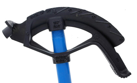 Ductile Iron Conduit Pipe Bender Head For Three Quarter Inch EMT Pipes Heavy Duty Metal Bender Tool with blue handle.