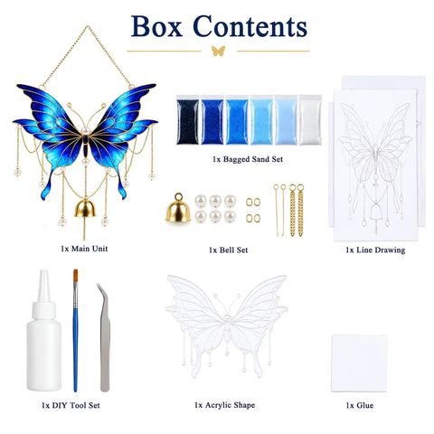 Butterfly Wind Chime Craft Kit In Blue Acrylic Base With Upright Metal Wire, No-Brainer Beginner-Friendly Sand Art Set For Easy Pattern Building And Color Blending, Create Unique Home Decor Or Gift.