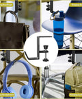 Multi-use desk clamp holding handbag, bottle, headphones, and backpack on different setups, showcasing versatility and secure grip.