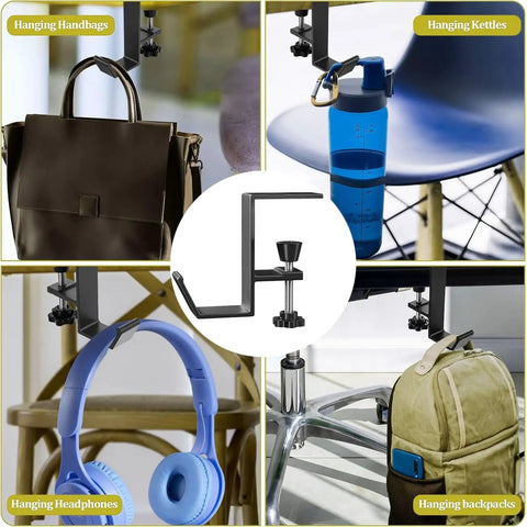 Multi-use desk clamp holding handbag, bottle, headphones, and backpack on different setups, showcasing versatility and secure grip.
