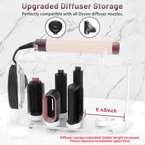 Clear Acrylic 6 Slot Storage Stand For Dyson Airwrap Accessories with diffusers and barrels on countertop.