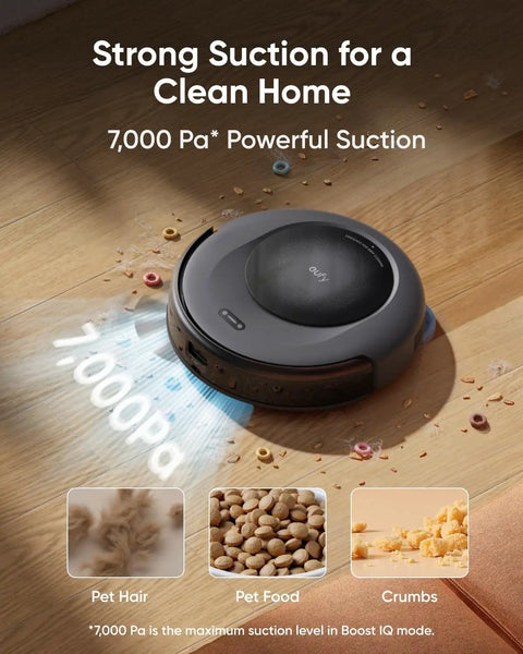 All-In-One Robot Vacuum And Mop For No-Fuss Effortless Home Cleaning, Smart Mapping, Powerful Suction, Auto Recharge, Handles Pet Hair On Carpets And Hardwood, Quiet Black Finish on hardwood floor with pet hair and crumbs