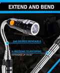 Telescoping Magnet Pickup Tool With 3 LED Magnetic Flashlight, extendable, bendable shaft, shown against car engine backdrop.
