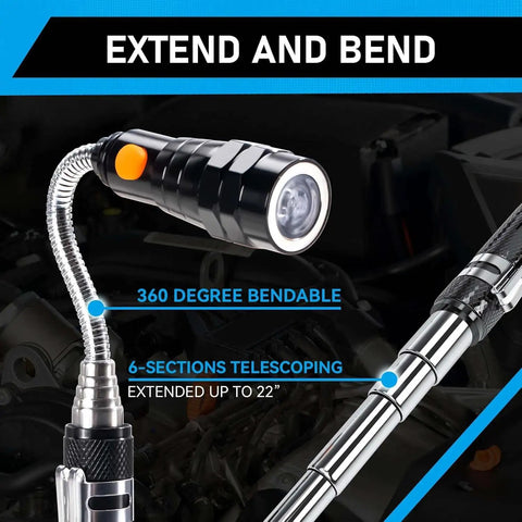 Telescoping Magnet Pickup Tool With 3 LED Magnetic Flashlight, extendable, bendable shaft, shown against car engine backdrop.