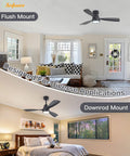 Flush and downrod mount views of 52 Inch No Light Ceiling Fan With Remote Control, 3 Wood Blades, Reversible DC Motor, Timer, Modern Farmhouse Style.