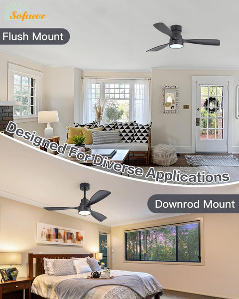 Flush and downrod mount views of 52 Inch No Light Ceiling Fan With Remote Control, 3 Wood Blades, Reversible DC Motor, Timer, Modern Farmhouse Style.