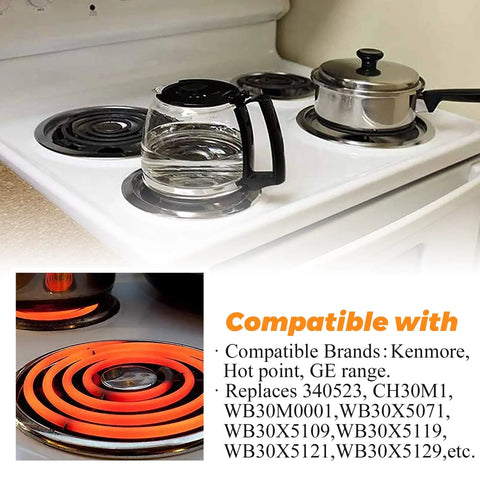 Electric Stove Burner Replacement Kit With Two 6 Inch ERS30M1 Burners And Two 8 Inch ERS30M2 Elements For GE Hotpoint Kenmore Electric Ranges 240V And 208V 1350W And 1765W-2350W High Temperature Burner Coil with cookware and compatibility text.