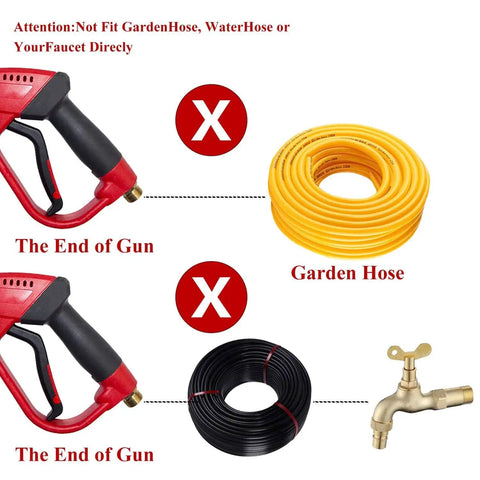 Diagram showing Red Beefy High Power Pressure Washer Gun With 40 Inch Wand Extension not fitting standard garden hose or water faucet.