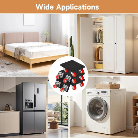 Heavy Duty Furniture Moving Tool Set With Roller Sliders For Easy Lift 360 Degrees Rotation Wheels Included Heavy Gloves To Move Sofas Washers And Fridges Up to 1100 Lbs Perfect For Home Reno Moves in various room setups.