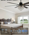 Bella Depot 65" Crystal Fandelier Low Profile Ceiling Fan with Light in a stylish bedroom with dark wood furniture.