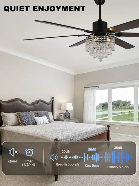Bella Depot 65" Crystal Fandelier Low Profile Ceiling Fan with Light in a stylish bedroom with dark wood furniture.