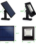 30 LED Solar Powered Outdoor Flood Light With IP65 Waterproof Build, shows solar panel and light dimensions, 350-degree adjustable angle