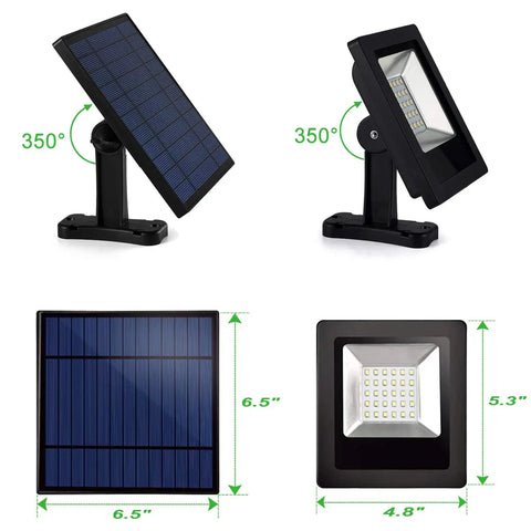 30 LED Solar Powered Outdoor Flood Light With IP65 Waterproof Build, shows solar panel and light dimensions, 350-degree adjustable angle