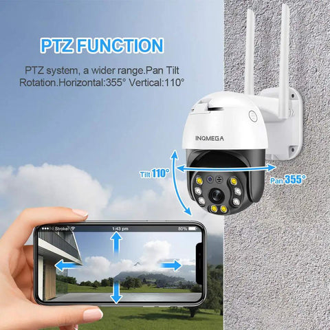 5MP PTZ WiFi Outdoor Security Camera With Color Night Vision, 2 Way Audio highlighting pan-tilt function with smartphone view.