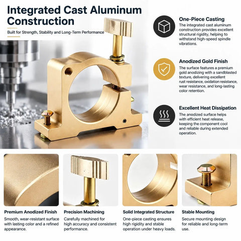 Heavy Duty CNC Spindle Clamp Bracket Aluminum Quick Release Water Cooled Mount close-up showing integrated cast design and gold finish.