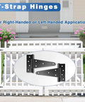 Six Inch T Strap Heavy Duty Gate Hinges Two Pack Black Wrought Iron Tee Shed Door Hinges displayed on white gate