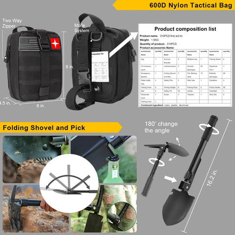 310 Piece Survival Gear Kit With Emergency First Aid, camping hiking essentials, black nylon tactical MOLLE bag, folding shovel