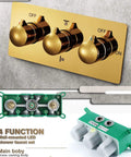 Top Shelf Ceiling Mounted Rain Shower System With 16 Inch Brushed Gold Heads showing wall-mounted LED controls and brass faucet knobs.