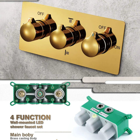 Top Shelf Ceiling Mounted Rain Shower System With 16 Inch Brushed Gold Heads showing wall-mounted LED controls and brass faucet knobs.