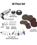 26 piece set with One Quarter Inch Drive Mini Right Angle Air Die Grinder Kit With Built In Speed Regulator, discs, and grinding stones.
