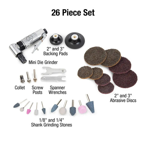 26 piece set with One Quarter Inch Drive Mini Right Angle Air Die Grinder Kit With Built In Speed Regulator, discs, and grinding stones.