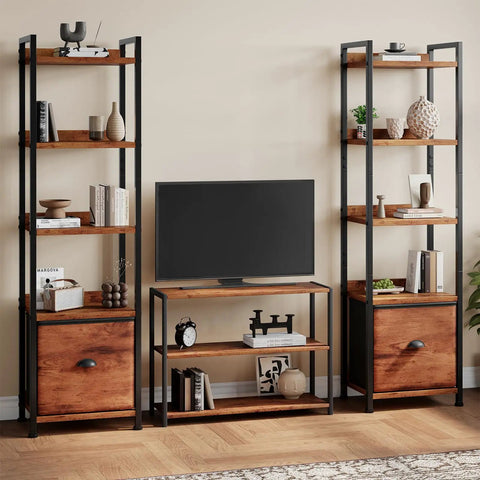 Brown Five Tier Bookshelf With Fabric Drawer And Slim Vertical Storage Rack For Tight Living Room Spaces Compact Space Savers Sweet Spot To Stash Books Plants And Snazzy Decor