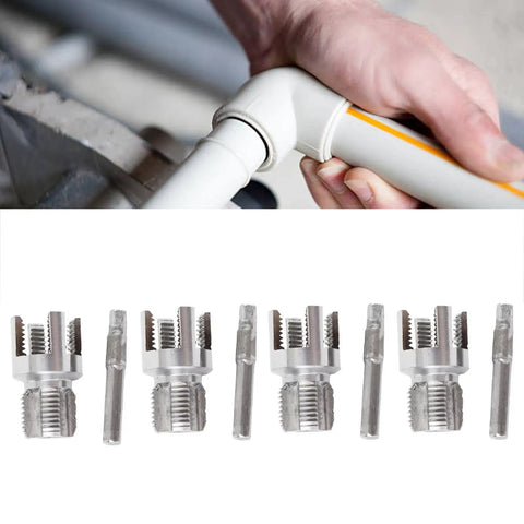 Essential 4 Piece Pipe Threading Tool Kit For G1/2 PVC Pipes with internal and external thread cutters in use.