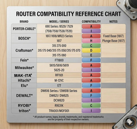 Router compatibility reference chart with various brands and models, product image for Beast Mode Heavy Duty Full Size Router Sled Kit With Dust Collection System