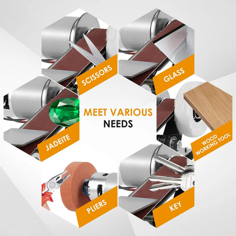 Pro Grade Mini Belt Sander And 15 Degree Electric Spindle Knife Sharpener featuring tools for scissors, pliers, glass, jadeite, and wood.