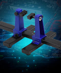 Adjustable PCB Holder And Soldering Stand With Rotating Clamps and Stable Metal Base against circuit background.