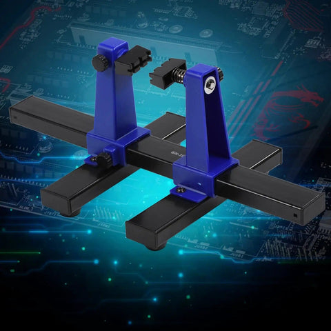 Adjustable PCB Holder And Soldering Stand With Rotating Clamps and Stable Metal Base against circuit background.
